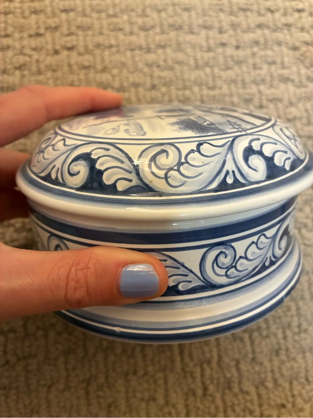 Blue Hand-Painted Coastal Scene Ceramic jar with lid made in Portugal